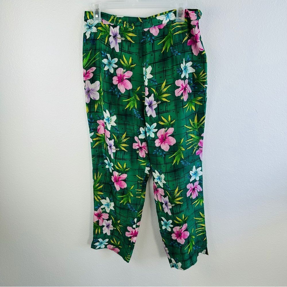 Anne Carson Green Silk Tropical Print Cropped Pants Size 10 Lined